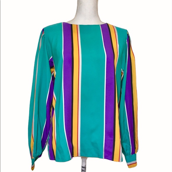 Vintage 90's Turquoise Rainbow Stripe Blouse - Picture 1 of 12